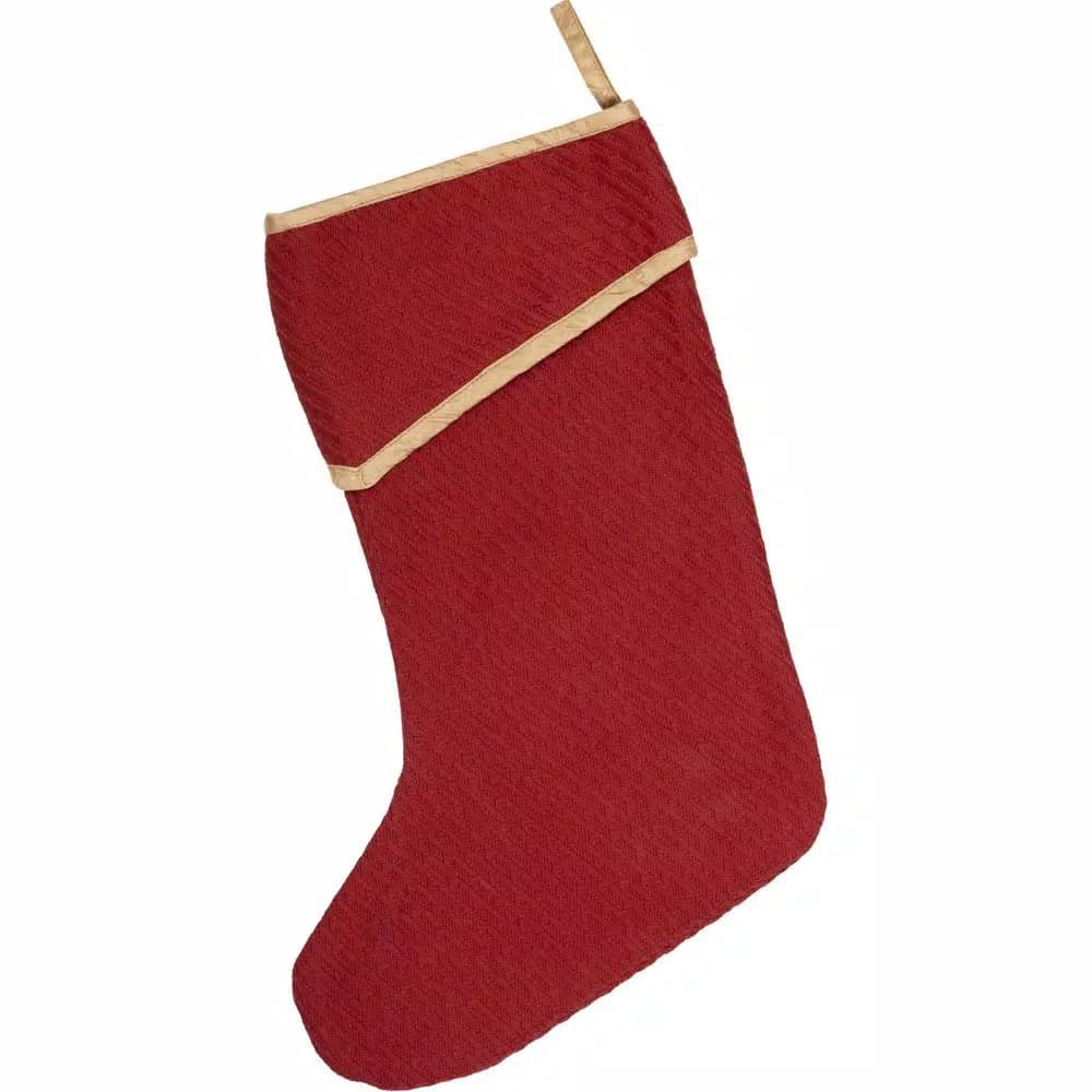 VHC Brands 15 in. Revelry Brick Red Traditional Christmas Stocking with Gold Embroidered Snowflakes