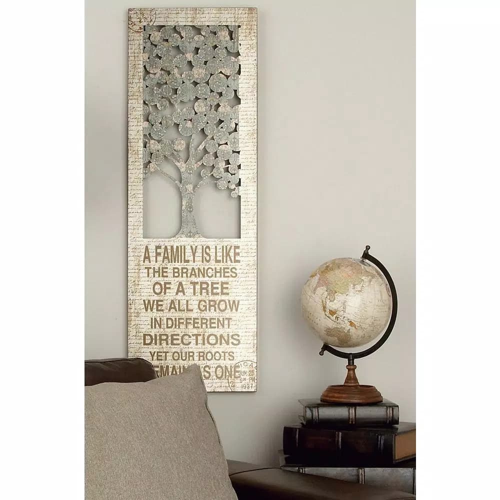 LITTON LANE 12 x 36 in. Shabby Chic Family Branches Inspirational Quote Wall Decor, Rustic Abstract Tree Art