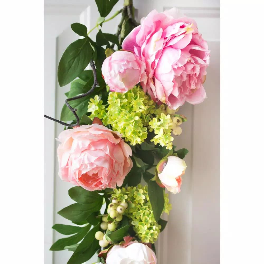 Nearly Natural 24 in. Mixed Pink Peony and Hydrangea Teardrop Floral Swag Wreath