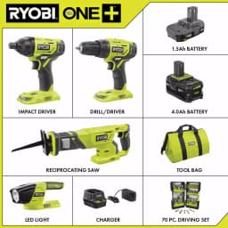 RYOBI 18V ONE+ Cordless 4-Tool Combo Kit with 70-Piece Bonus Impact Rated Driving Kit thumbnail 2