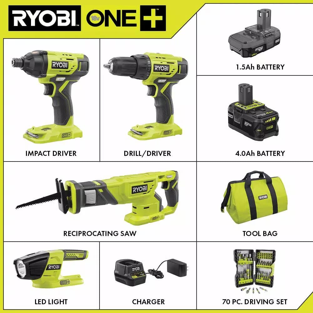 RYOBI 18V ONE+ Cordless 4-Tool Combo Kit with 70-Piece Bonus Impact Rated Driving Kit