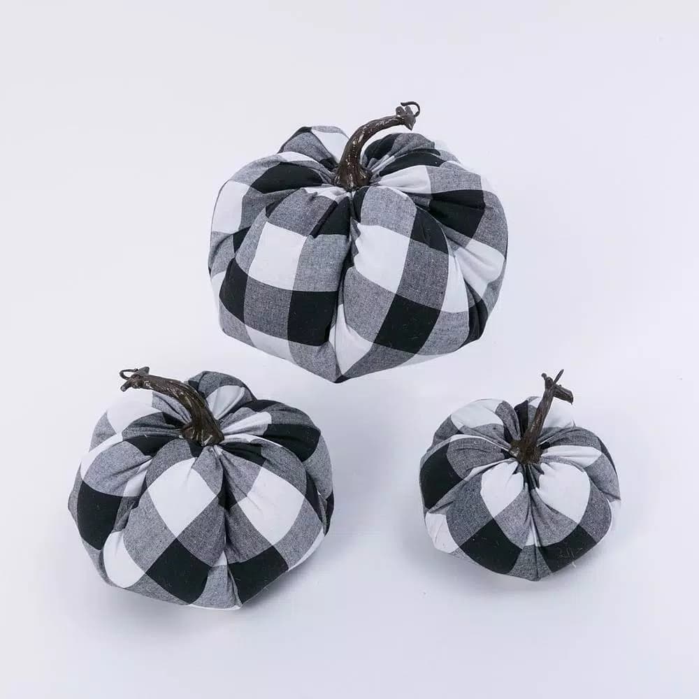 Gerson Black and White Buffalo Plaid Fabric Pumpkin Set of 3 - 6 in. Farmhouse Harvest Decor