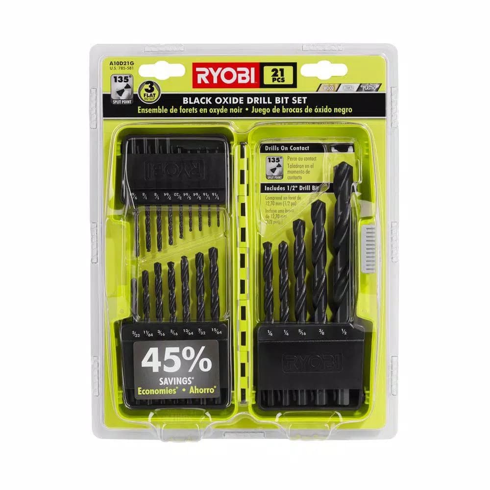 RYOBI 21-Piece Black Oxide Drill Bit Set, High Speed Steel Twist Bits for Wood, Metal, and Plastic