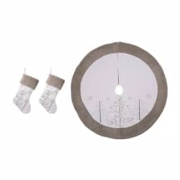 Glitzhome White and Gray Fleece Christmas Decoration Set - 48 in. Tree Skirt and 21 in. Stockings (Set of 3) thumbnail 1