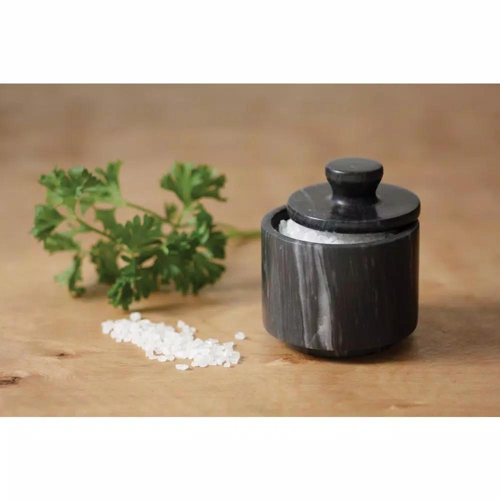 Fox Run Black Marble Salt Cellar with Lid - Elegant Spice and Herb Container