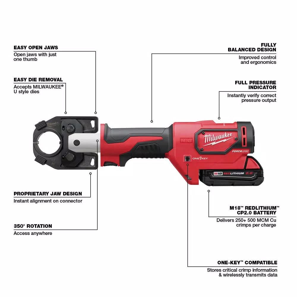 Milwaukee M18 FORCE LOGIC 600 MCM Cordless Crimper Kit with Aluminum Dies