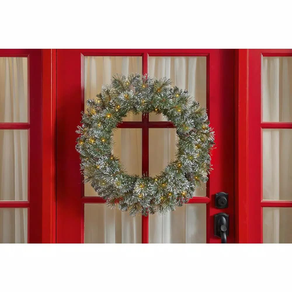 Home Accents Holiday 30in. Sparkling Amelia Pine Pre-lit LED Artificial Christmas Wreath with 50 Warm White Micro-Dot Lights