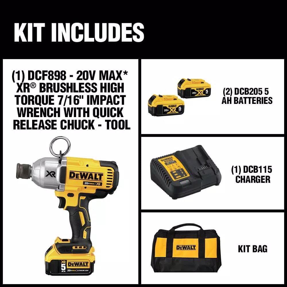 DEWALT 20V MAX XR Brushless High Torque Impact Wrench with 7/16 in. Quick Release Chuck, (2) 5.0 Ah Batteries & Charger