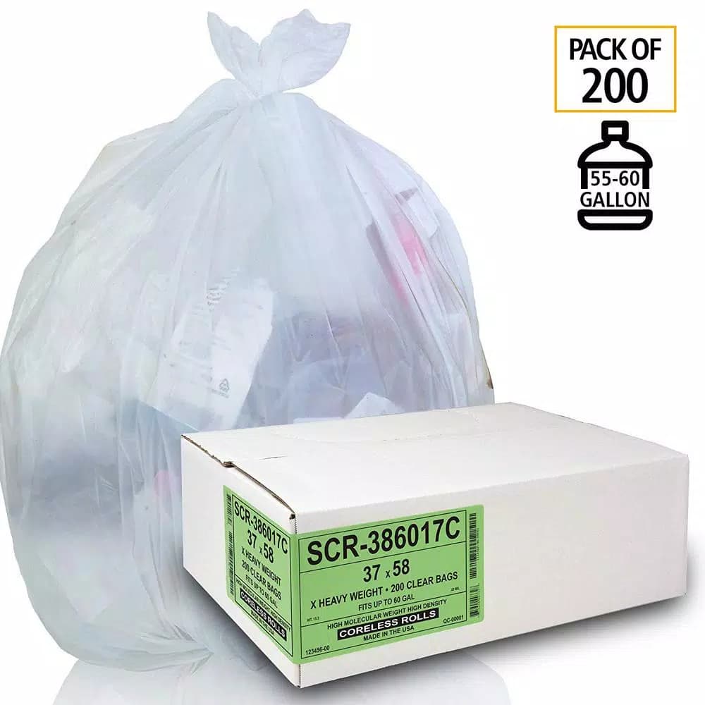 Unbranded Clear Source Reduction High Density Trash Bags, 55-60 Gallon, 0.52 Mil, 200 Count