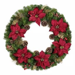Home Accents Holiday 36 in. Burgundy Poinsettia and Mixed Pine Wreath with Berries, Gold Glitter Cedar and Pinecones thumbnail 1
