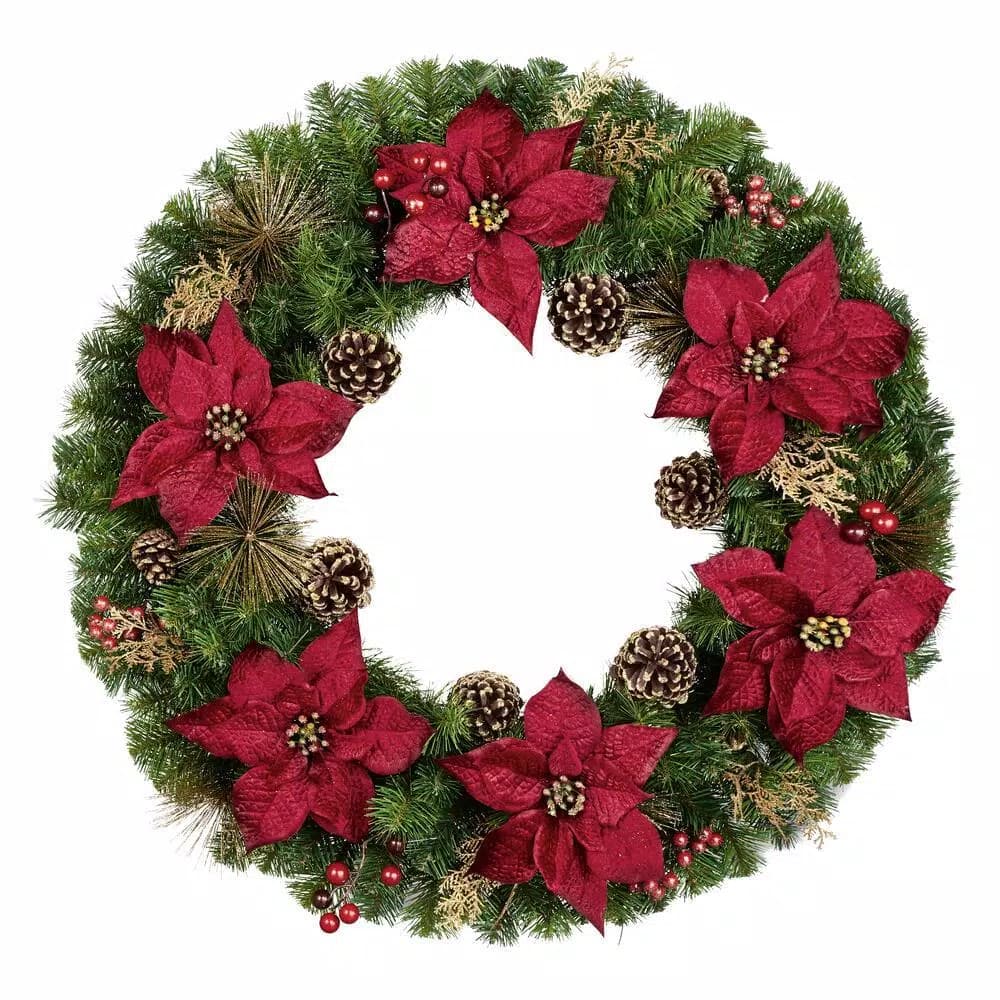Home Accents Holiday 36 in. Burgundy Poinsettia and Mixed Pine Wreath with Berries, Gold Glitter Cedar and Pinecones