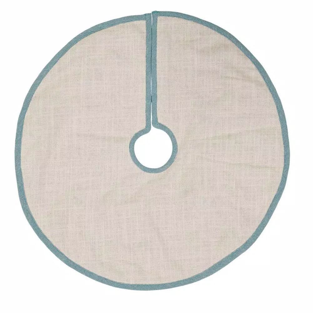VHC Brands Sanbourne 21 in. Creme White Coastal Christmas Mini Tree Skirt with Turquoise Chambray Trim