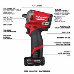 Milwaukee M12 FUEL 1/2 in. Stubby Brushless Cordless Impact Wrench Kit with Two Batteries and Charger thumbnail 4