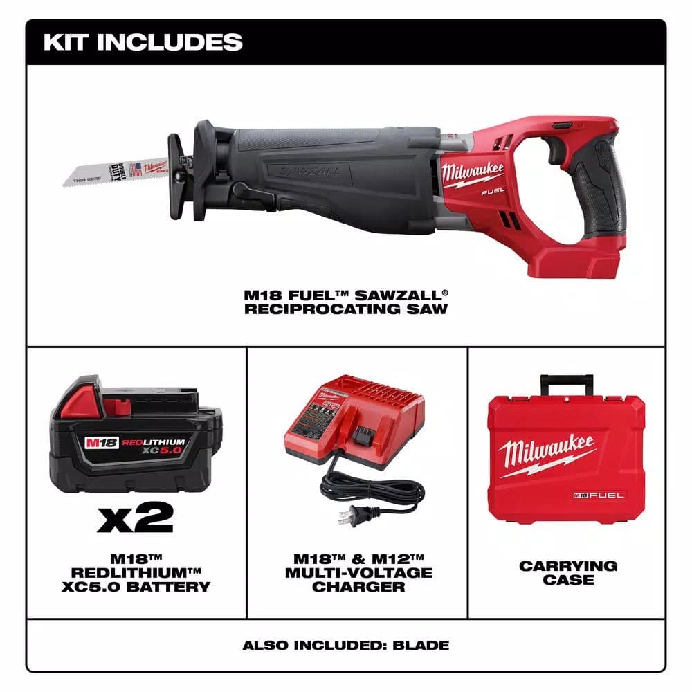 Milwaukee M18 FUEL 18V Brushless Cordless Reciprocating Saw Kit with (2) 5.0Ah Batteries, Charger & Case