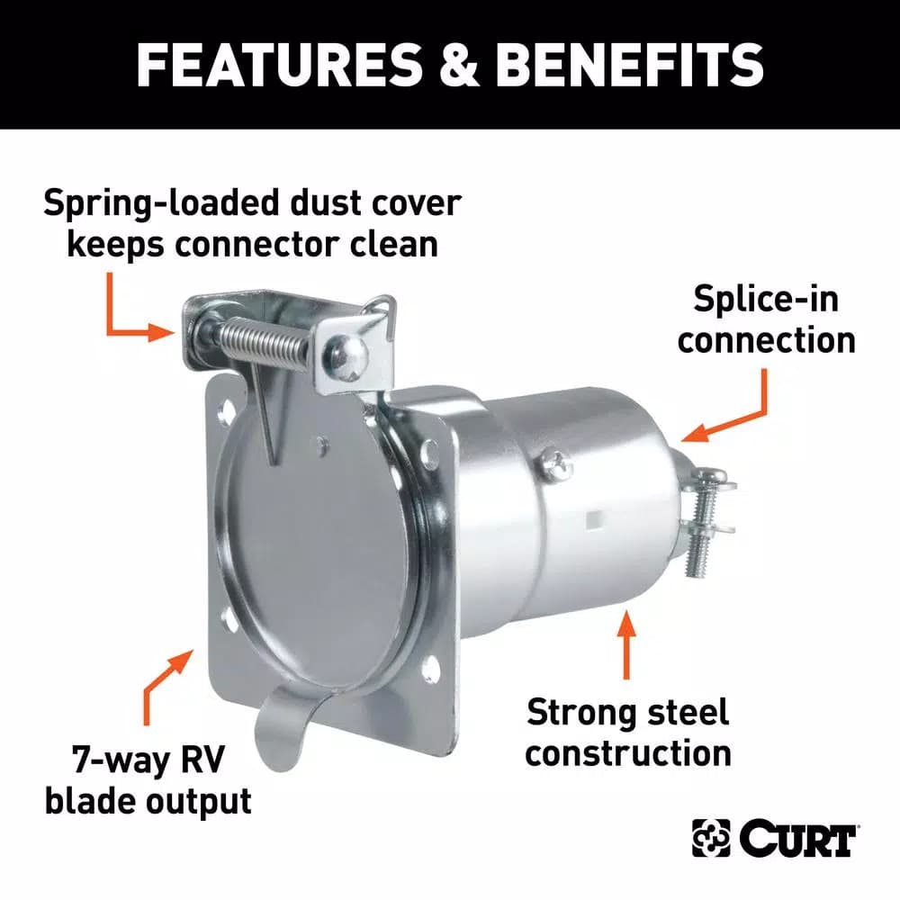 CURT 7-Way Round RV Blade Connector Socket, Vehicle Side, Diecast Metal