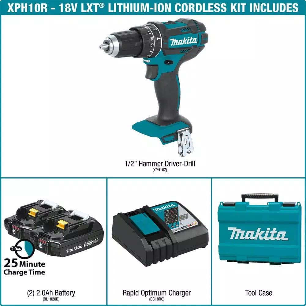 Makita 18V LXT Cordless 1/2 in. Compact Hammer Driver Drill Kit with Two 2.0 Ah Batteries, Charger, and Case