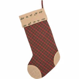 VHC Brands 20 in. Jute Burlap Poinsettia Christmas Stocking - Red Tartan Plaid & Rustic Decor thumbnail 2