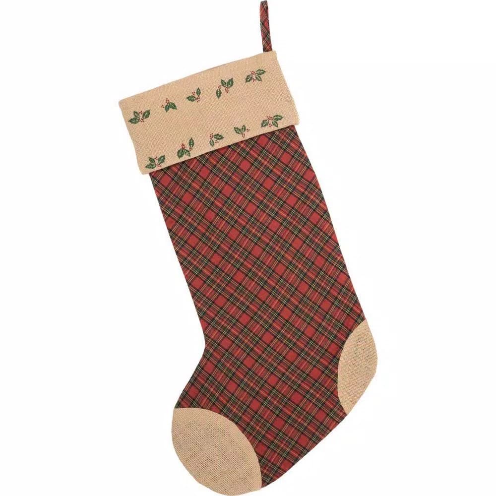 VHC Brands 20 in. Jute Burlap Poinsettia Christmas Stocking - Red Tartan Plaid & Rustic Decor