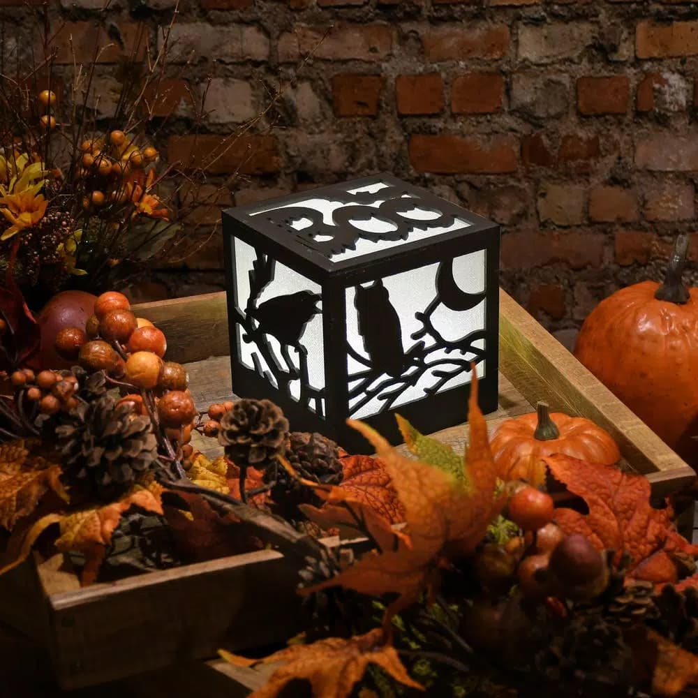 LUMABASE 4.75 in. Halloween Wooden Lantern with Multi-Orange LED Lights, Owl and Crow Design