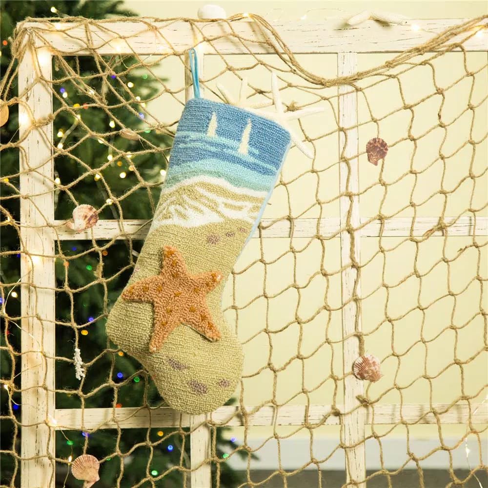 Glitzhome 19 in. Hooked Starfish Christmas Stocking, Nautical Blue Ocean Theme