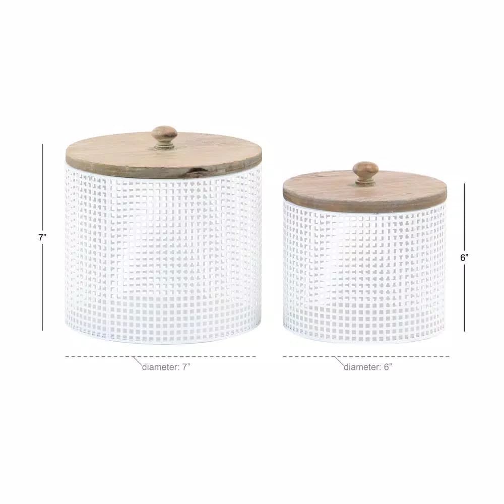 LITTON LANE White Iron Mesh Round Canisters with Wooden Lids, Set of 2