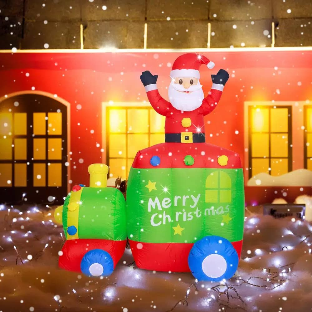 JOYDECOR 6 ft. Santa Claus on Train Christmas Inflatable with Built-in LED Lights