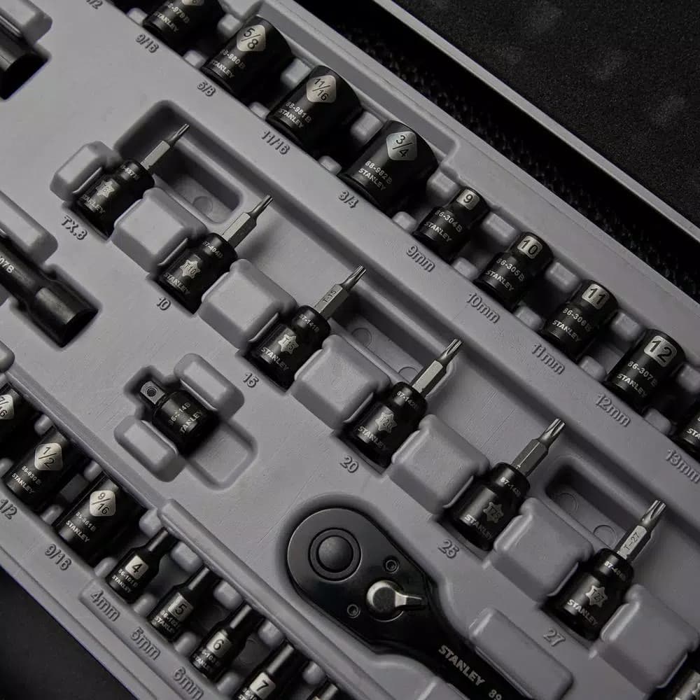 Stanley 50-Piece 3/8 in. Drive SAE and Metric Ratchet and Socket Set with Black Chrome Finish