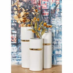 LITTON LANE White Ceramic Decorative Vase Set of 3 with Gold Lining Detail, Modern Cylinder Design thumbnail 1