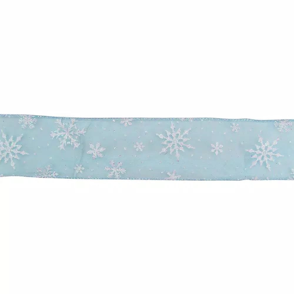 Northlight 2.5 in. x 16 yds. Shimmering White Iridescent Snowflake Sheer Blue Wired Ribbon