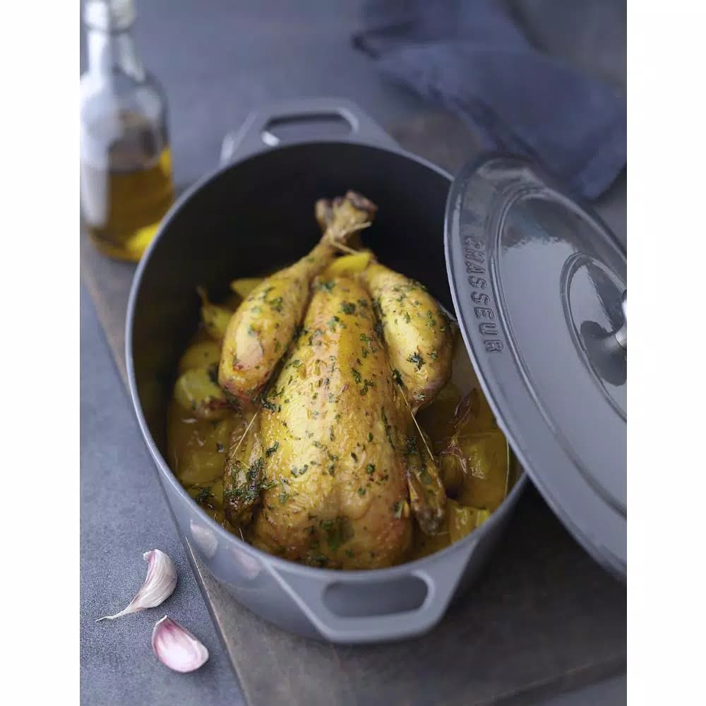 Chasseur 6 qt. Oval Enameled Cast Iron Dutch Oven with Lid, Caviar Grey