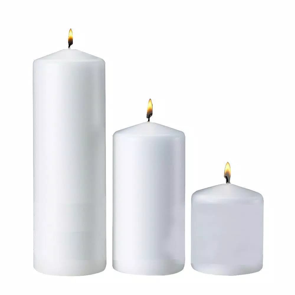 Light In The Dark White Paraffin Pillar Candle Set of 3 - Assorted Sizes for Weddings and Events