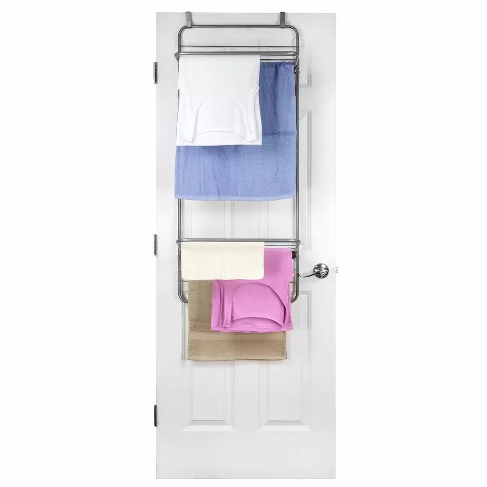 Home Basics 10-Bar Over-the-Door Towel Rack, Collapsible Steel Storage Organizer, Grey