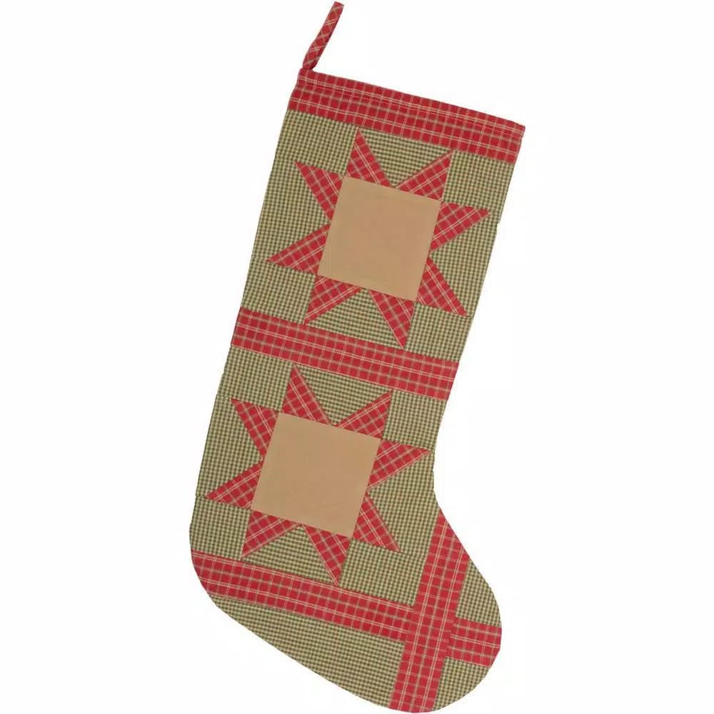 VHC Brands 20 in. Primitive Cotton Patchwork Christmas Stocking - Green Dolly Star Decor