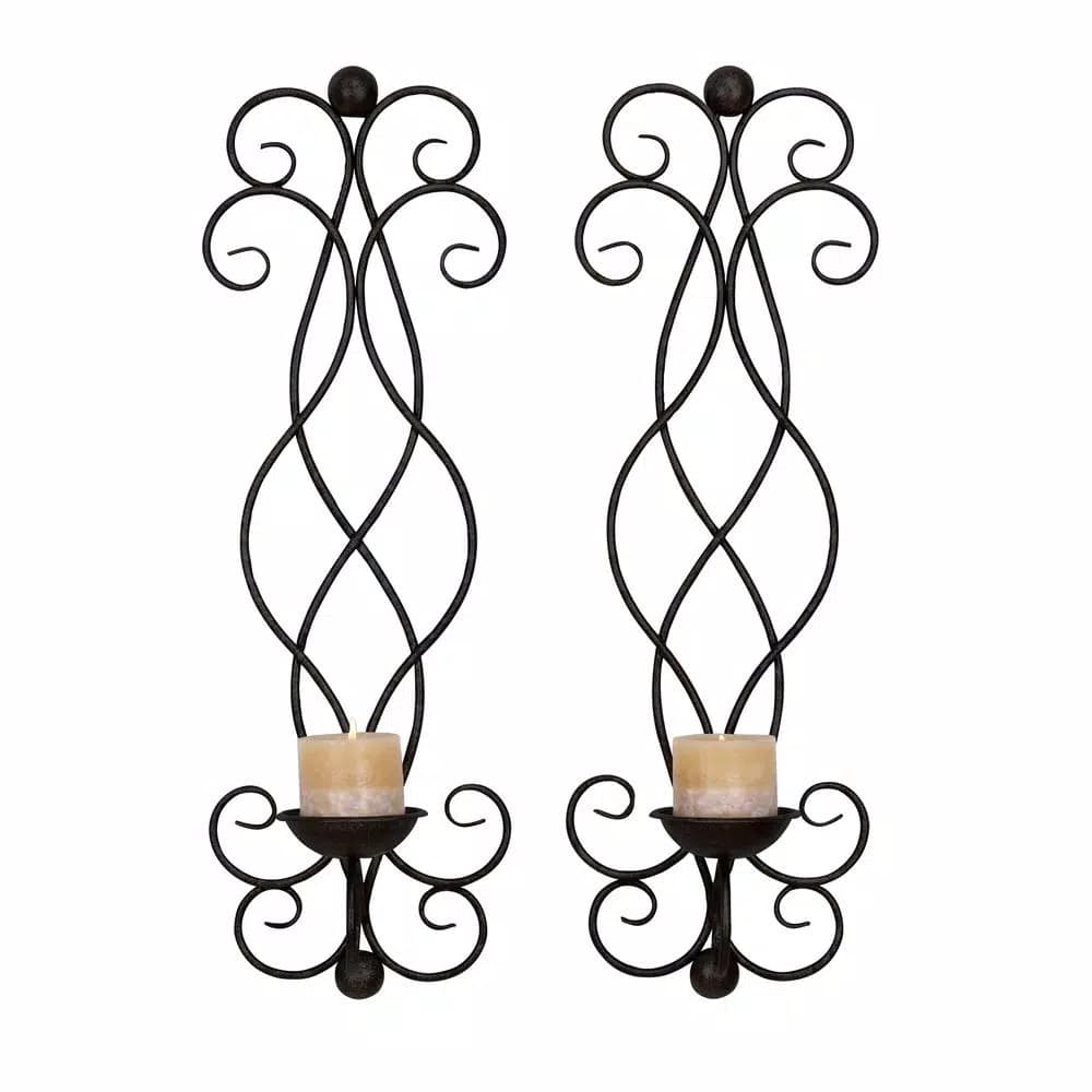 LITTON LANE 25 in. Black and Gold Iron Scrollwork Candle Sconce Set of 2