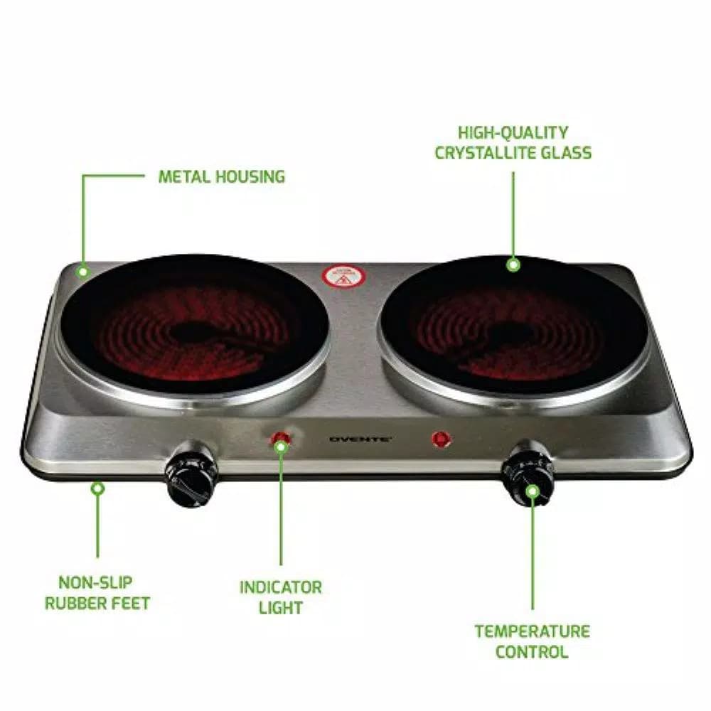 Ovente 1500W Double Burner Infrared Hot Plate, 7.5 in. Ceramic Glass Cooktop with Temperature Control