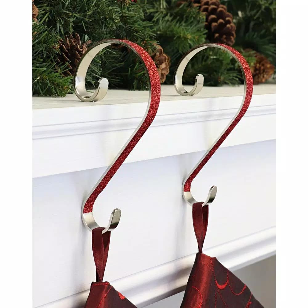 Haute Decor 6 in. Red Glitter Steel Stocking Scroll Holders, 2-Pack
