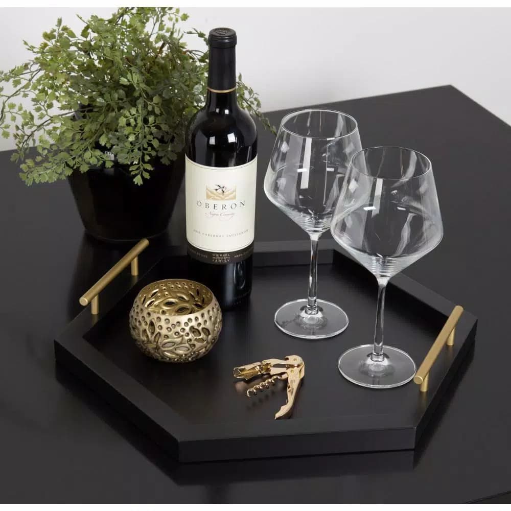 Kate and Laurel Halsey Black Hexagon Decorative Wooden Tray with Gold Metal Handles