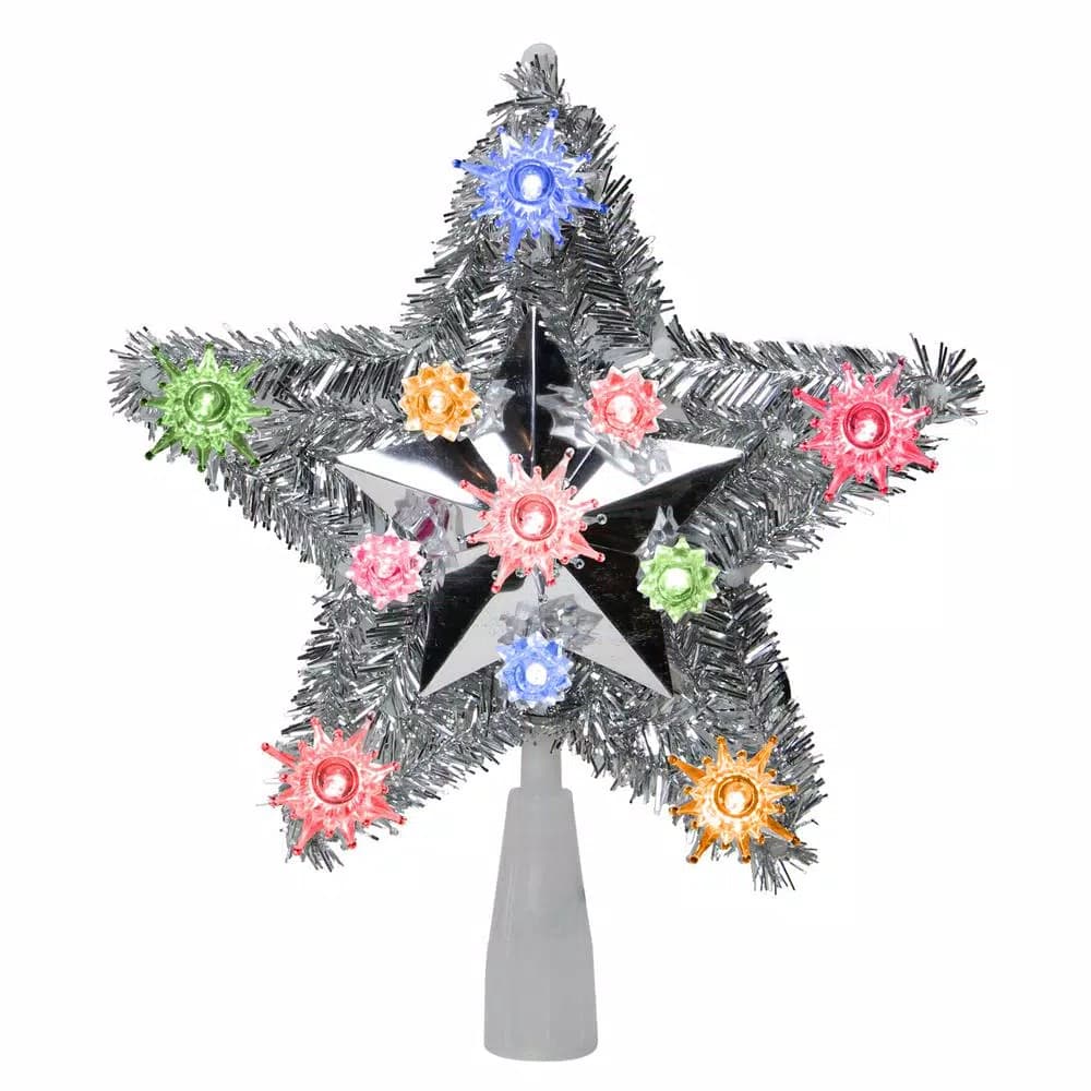 Northlight 9 in. Lighted Silver Tinsel Star Christmas Tree Topper with 11 Multi-Color Mini Lights