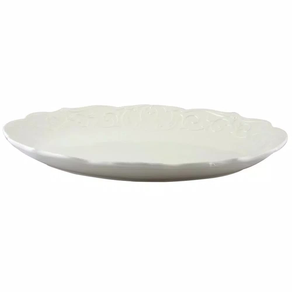 Gibson Home Royal Abbey White Durastone Oval Embossed Ceramic Serving Platter