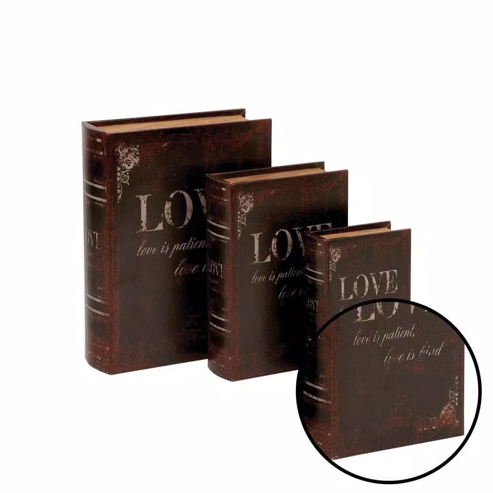 LITTON LANE Vintage Rectangular Wood and Faux Leather Love Book Boxes, Set of 3