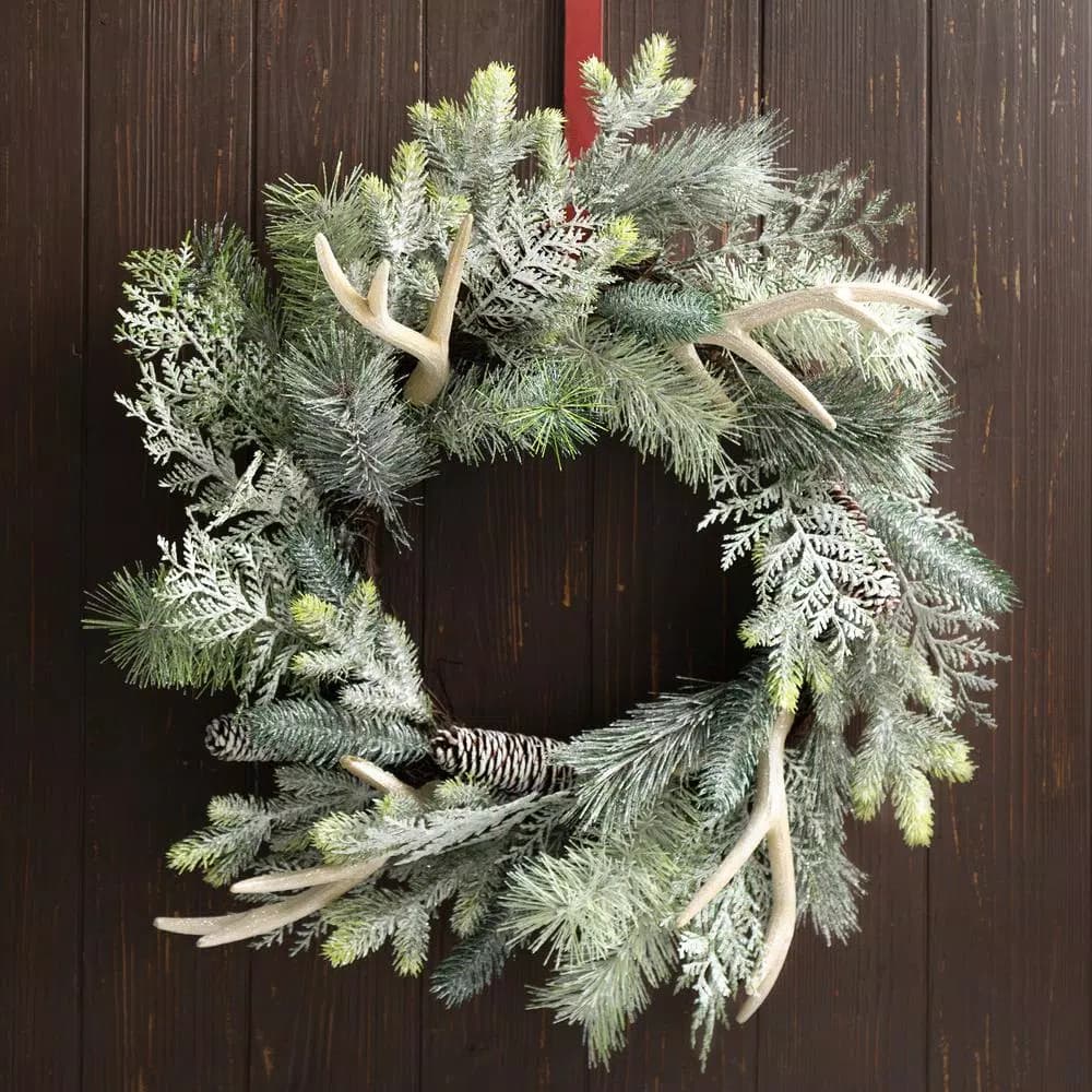 Glitzhome 24 in. Flocked Pinecone and Antler Artificial Christmas Wreath