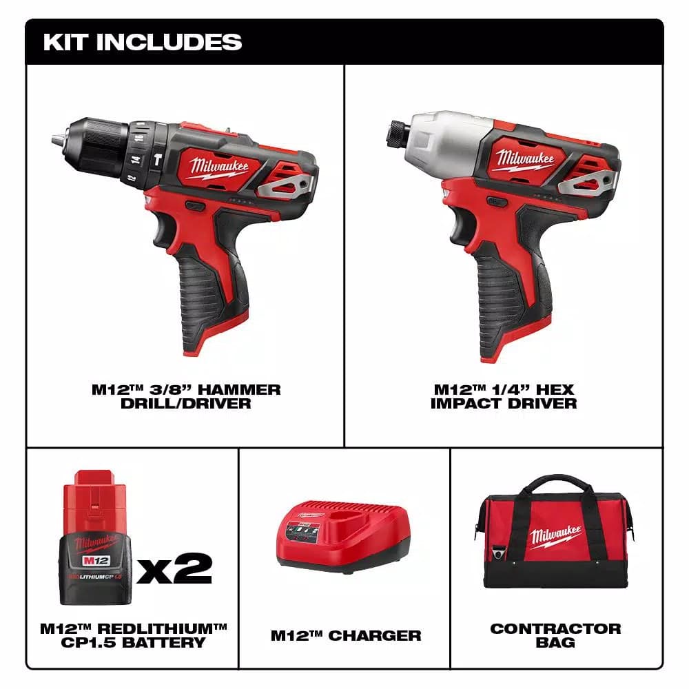 Milwaukee M12 12V Lithium-Ion Cordless Hammer Drill and Impact Driver 2-Tool Combo Kit