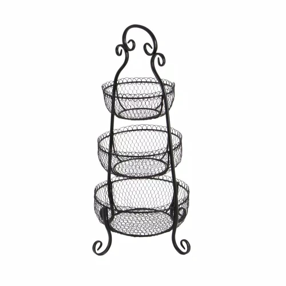 LITTON LANE New Traditional 3-Tier Black Wrought Iron Decorative Basket Tray Stand