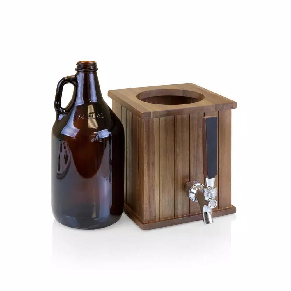 Picnic Time Growler Tap Beverage Dispenser with 64 oz. Amber Glass Growler and Acacia Wood Base