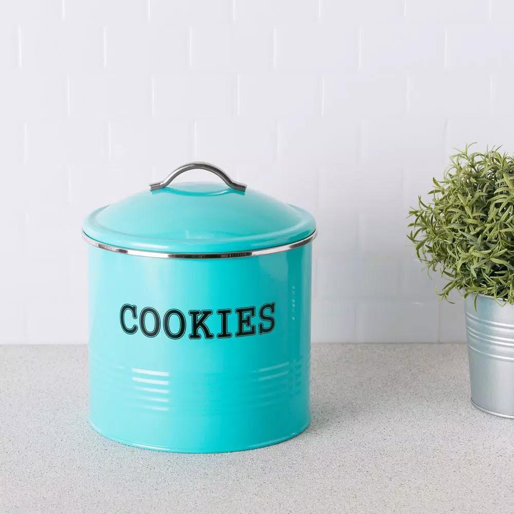 Home Basics Vintage Style Blue Tin Cookie Jar - 14.2 oz Metal Food Storage Container