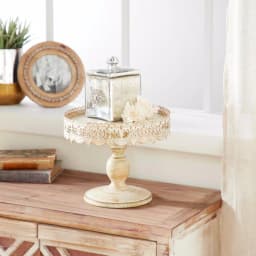 LITTON LANE 10 in. Round Whitewashed and Rust Brown Iron Cake Stand with Pierced Floral Bunting thumbnail 8