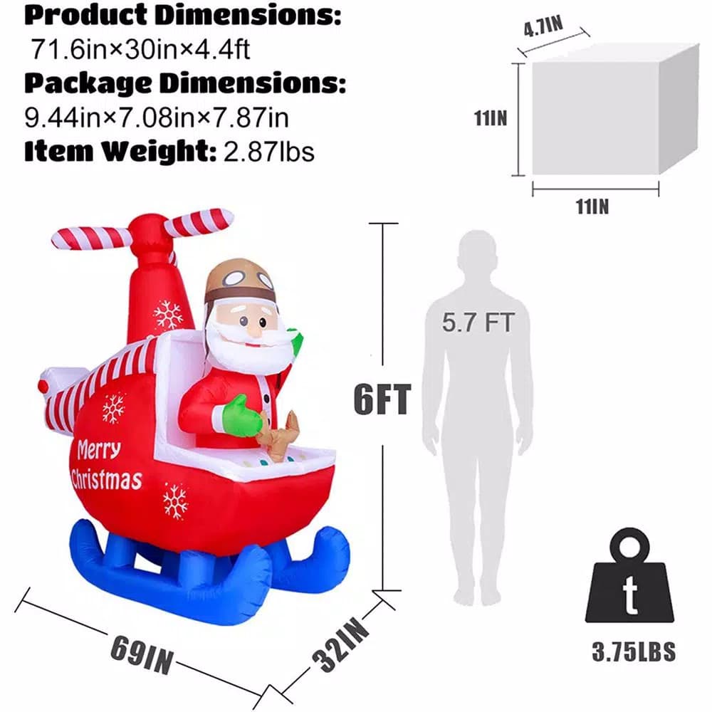 JOYDECOR 6 ft. Santa Claus on Helicopter Christmas Inflatable with Built-in LED Lights