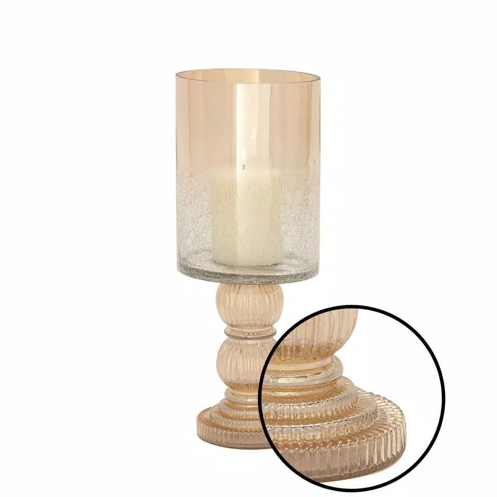 LITTON LANE Gold-Tinged Glass Cylinder Hurricane Candle Holder with Fluted Stacked Ball Post