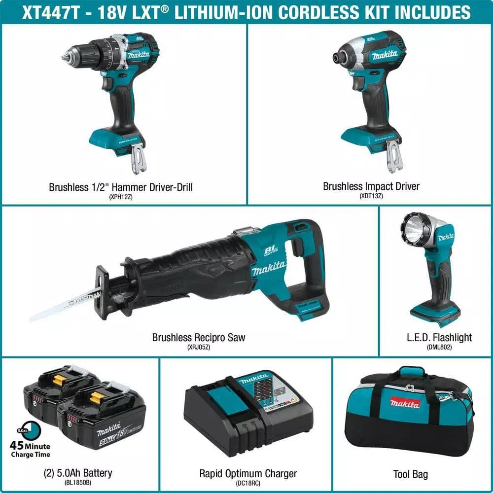 Makita 18V LXT Brushless Cordless Combo Kit - Hammer Drill, Impact Driver, Recip Saw & Flashlight (4-Piece)