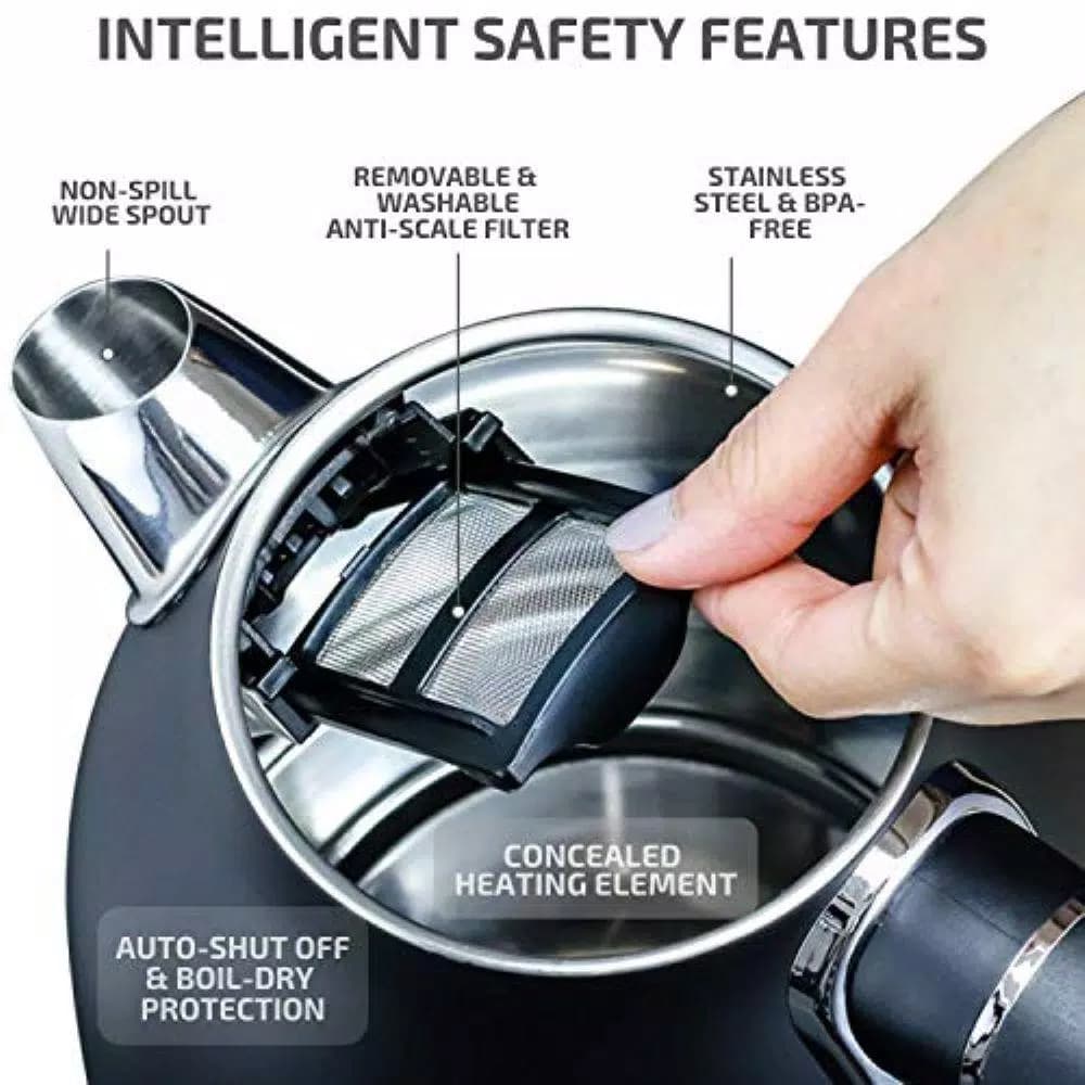 Ovente KS777 1.7L Black Stainless Steel Electric Kettle, 1500W Fast Boil with Auto Shut-Off